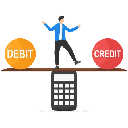 Empresário mantendo o equilíbrio entre débito e crédito  Ilustração