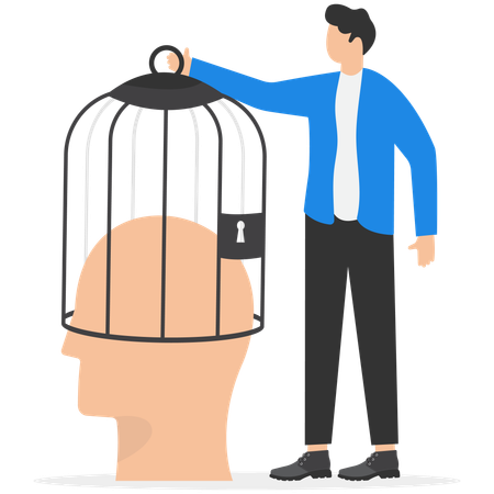 Empresario manteniendo la mente enjaulada  Ilustración