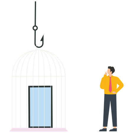 El empresario guarda un teléfono móvil en una jaula para una desintoxicación digital  Ilustración