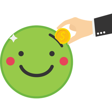 Mão de empresário coloca moeda em emoji de sorriso  Ilustração