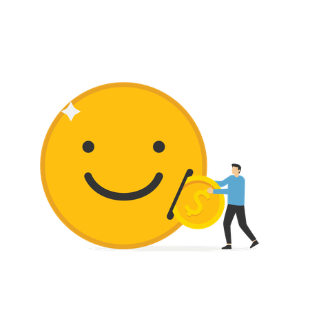 Mão de empresário coloca moeda em emoji de sorriso  Ilustração