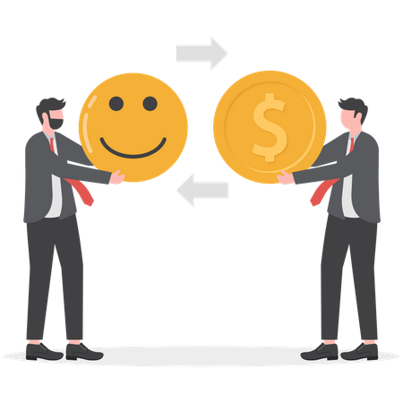 Mão de empresário oferece dinheiro para comprar felicidade sorriso rosto  Ilustração