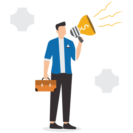 Mão de empresário segurando um megafone de uma ideia de lâmpada com um dólar  Ilustração