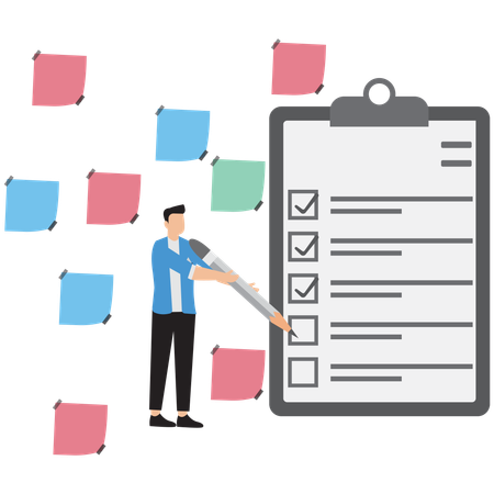 Empresário marcando lista de verificação de negócios  Ilustração