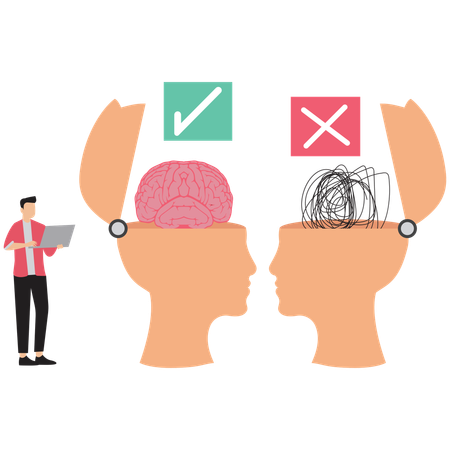 El hombre de negocios: mentalidad correcta e incorrecta y toma de decisiones  Ilustración