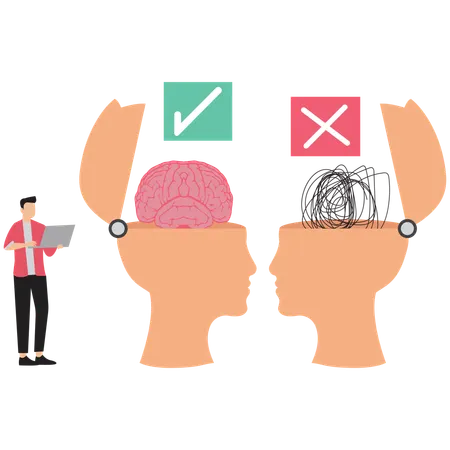 El hombre de negocios: mentalidad correcta e incorrecta y toma de decisiones  Ilustración