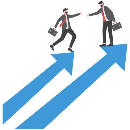 Un mentor de empresario ayuda a un compañero de trabajo a escalar el gráfico de flechas de crecimiento  Ilustración