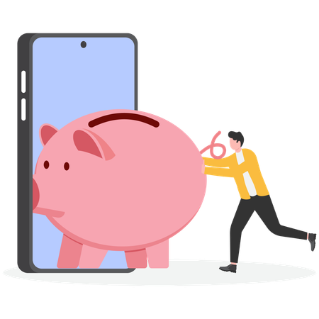 Empresario empuja la hucha al teléfono inteligente  Ilustración