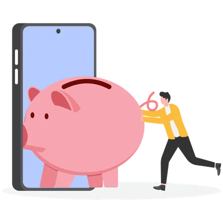 Empresario empuja la hucha al teléfono inteligente  Ilustración