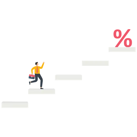 El hombre de negocios mira un símbolo de porcentaje encima de una escalera  Ilustración