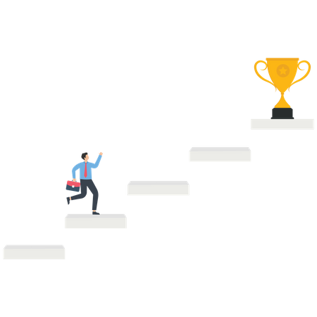 El hombre de negocios mira un trofeo en lo alto de una escalera  Ilustración
