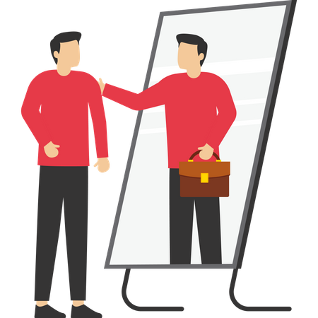 El empresario mirando el espejo con su reflejo aumenta su confianza.  Ilustración