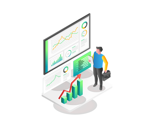 Empresario mirando análisis de datos  Ilustración