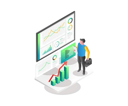 Empresario mirando análisis de datos  Ilustración