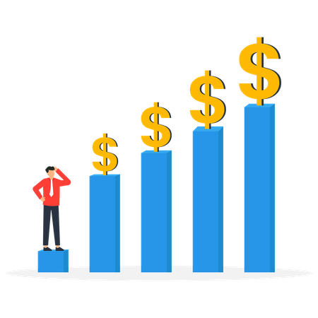 Empresario mirando hacia arriba en el gráfico con dólar  Ilustración