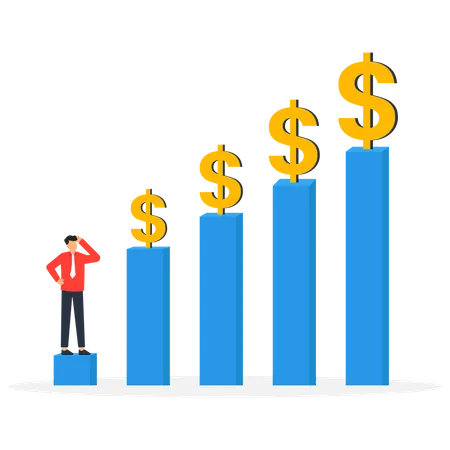 Empresario mirando hacia arriba en el gráfico con dólar  Ilustración