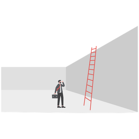 Empresario mirando hacia una solución de escalera  Ilustración