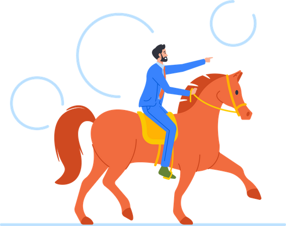 Empresario montando a caballo y mostrando dirección  Ilustración