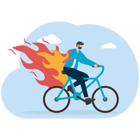 Hombre de negocios andando en bicicleta mientras una llama arde detrás del hombre de negocios  Ilustración