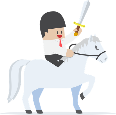 Empresario montando caballo blanco y sosteniendo espada  Ilustración