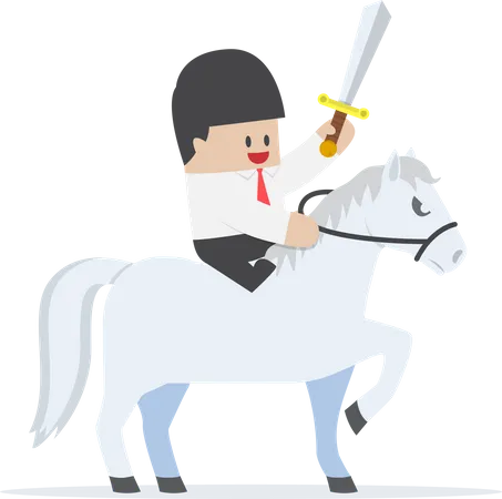 Empresario montando caballo blanco y sosteniendo espada  Ilustración