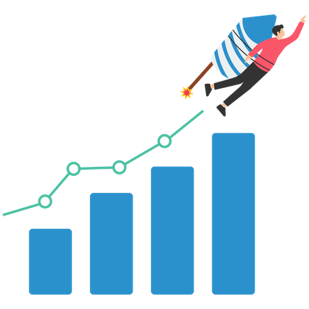 Empresario montando cohete en gráfico de barras de crecimiento  Ilustración