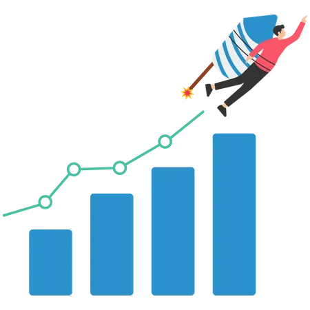 Empresario montando cohete en gráfico de barras de crecimiento  Ilustración