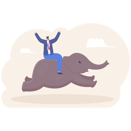 Empresário andando de elefante salta sobre o penhasco  Ilustração