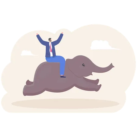 Empresário andando de elefante salta sobre o penhasco  Ilustração