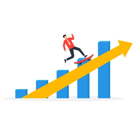 Empresario montando patineta rápidamente en el diagrama gráfico de ganancias en aumento  Ilustración