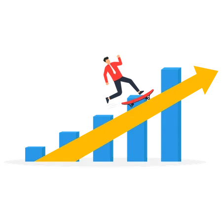 Empresario montando patineta rápidamente en el diagrama gráfico de ganancias en aumento  Ilustración