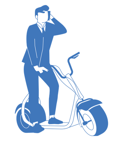 Empresario montando scooter eléctrico mientras habla por móvil  Ilustración