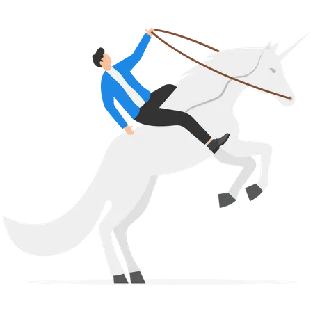 Empresario montando unicornio mirando el objetivo empresarial  Ilustración