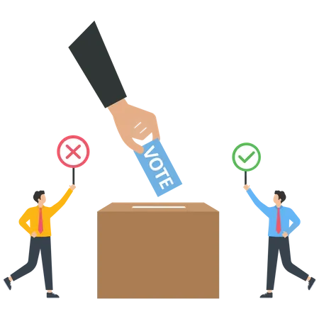 Empresário mostra um sinal certo e um sinal errado para um eleitor  Ilustração