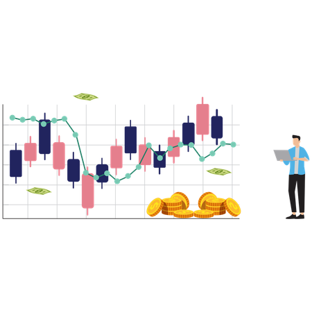 Empresário mostrando análise do mercado de ações com gráfico de velas  Ilustração