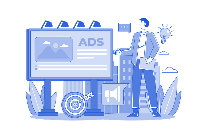 Empresário mostrando anúncios de negócios em outdoor  Ilustração
