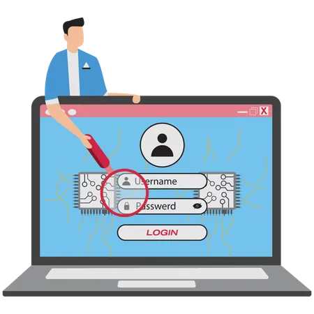 Empresário mostrando proteção de chip no monitor  Ilustração