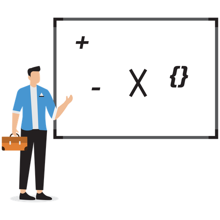 Empresário mostrando diferentes símbolos matemáticos  Ilustração