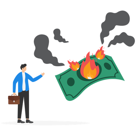 Empresario mostrando dinero para quemar hasta que salga humo  Ilustración