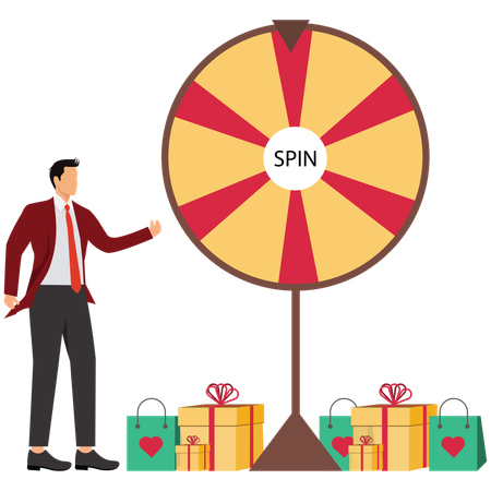 Empresario mostrando gamificación de compras y ofertas de ruleta.  Ilustración