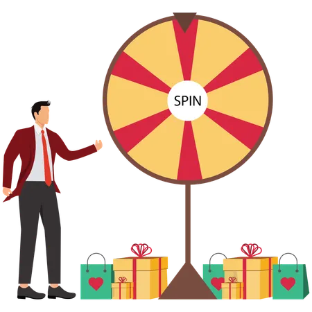 Empresario mostrando gamificación de compras y ofertas de ruleta.  Ilustración