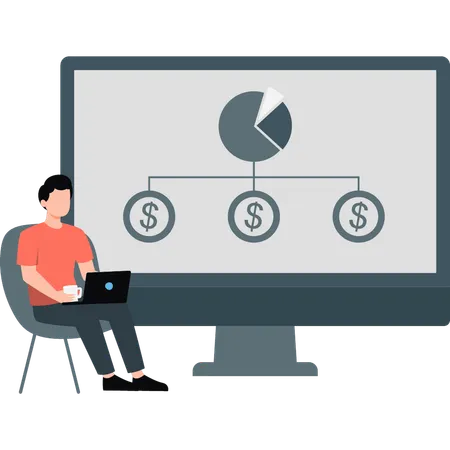 Hombre de negocios que muestra una inversión en un gráfico circular en el monitor  Ilustración