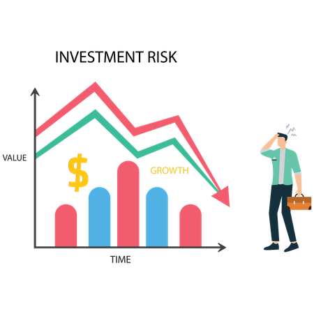 Empresário mostrando gráfico de risco de investimento mostrando declínio do mercado  Ilustração