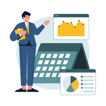 Empresário mostrando gráficos de negócios  Ilustração