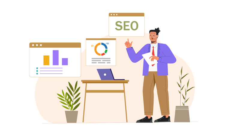 Hombre de negocios mostrando informe de SEO  Ilustración