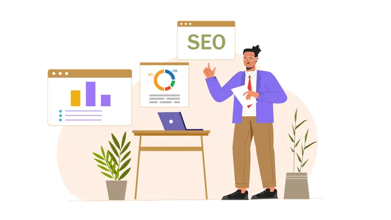 Hombre de negocios mostrando informe de SEO  Ilustración