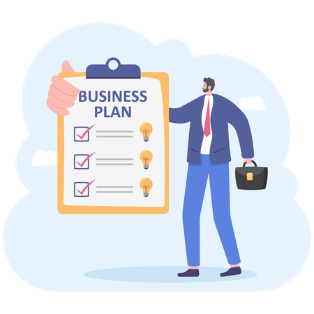 Empresário mostrando a lista de verificação do plano de negócios  Ilustração