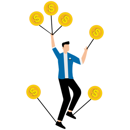 Hombre de negocios mostrando monedas de dólar  Ilustración