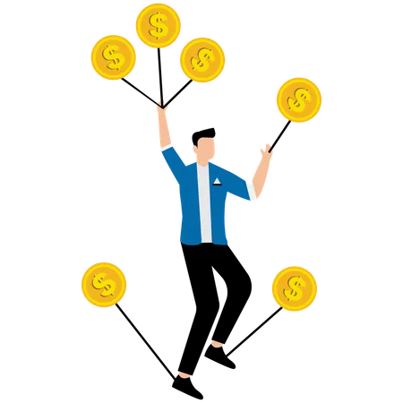 Hombre de negocios mostrando monedas de dólar  Ilustración