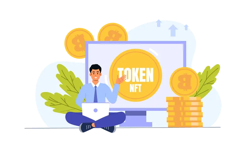 Empresário mostrando token NFT  Ilustração